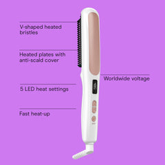 Conair straightening brush with V-shaped bristles grips hair for closer, easier styling.