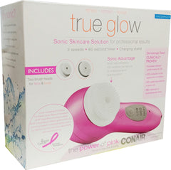 Conair True Glow Sonic Facial Brush heads and charging stand showing dual-head versatility for customizable cleansing
