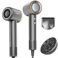 CONFU hair dryer front view highlights high-speed 110000 RPM for fast, smooth drying.