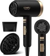 CONFU hair dryer front view highlights compact design and fast drying power
