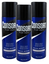 Consort Hair Spray 8.3 oz front view shows pack-of-3 regular-hold bottles for everyday styling.
