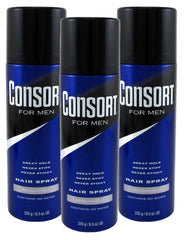 Consort Hair Spray 8.3 oz front view shows pack-of-3 regular-hold bottles for everyday styling.