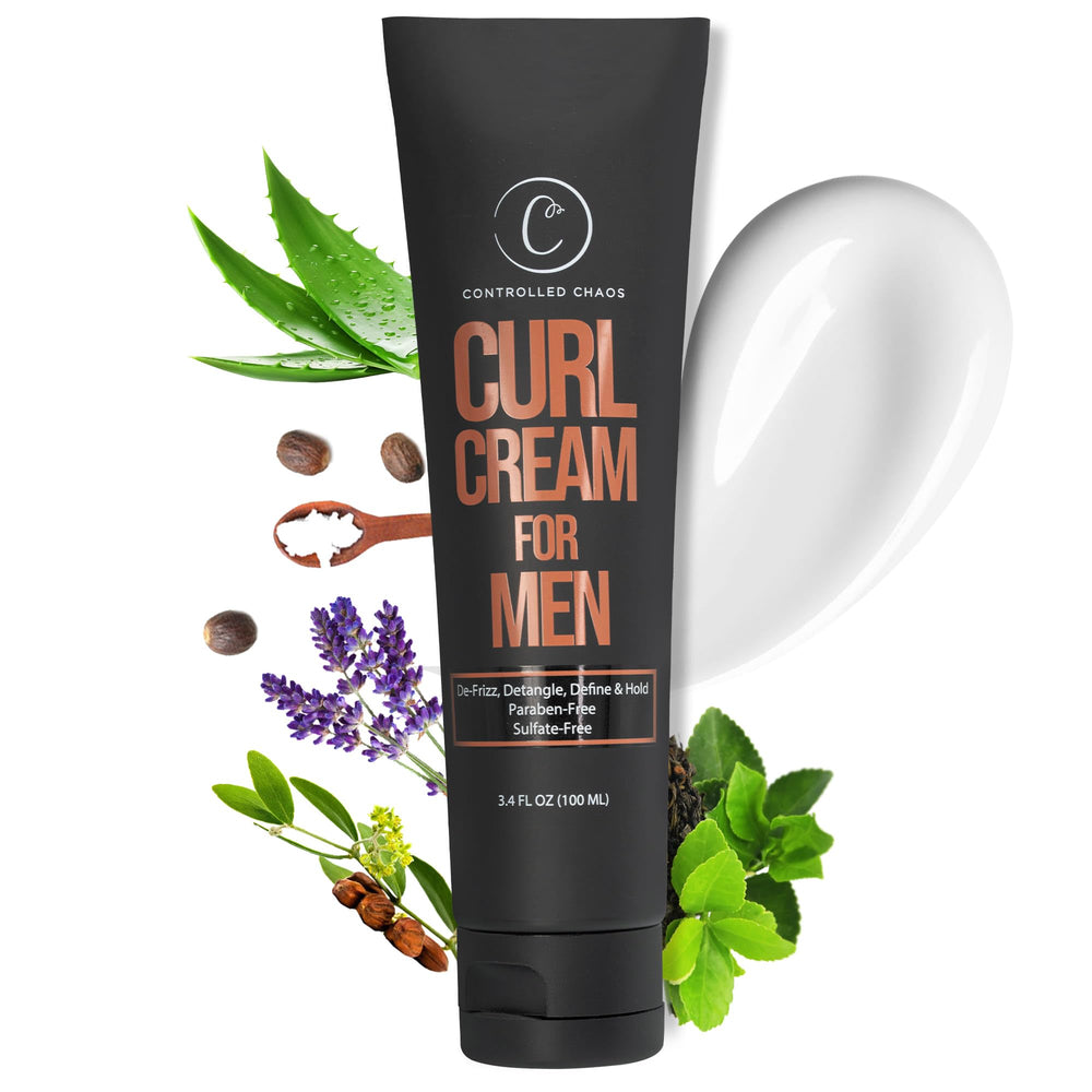 Controlled Chaos Curl Cream for Men bottle pour shows easy, mess-free styling for defined waves