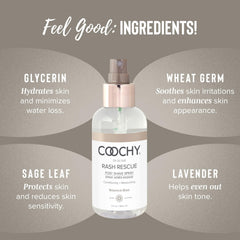Coochy Rash Rescue post-shave spray used on bikini area for lasting softness and comfort.