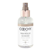 Coochy Rash Rescue post-shave spray bottle on a bathroom counter delivering soothing botanical hydration.