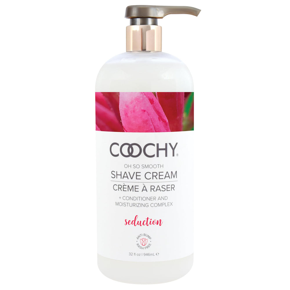Coochy Seduction bottle pour demonstrates hydrating shave cream for smooth results