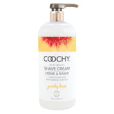Coochy shave cream bottle closeup highlights moisturizing formula for sensitive skin