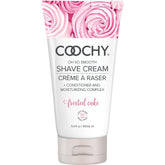 Coochy Shave Cream Frosted Cake bottle closeup showing rich moisturizing formula for a smooth shave.