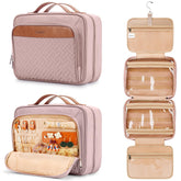 COOSKY travel hanging toiletry bag baby pink with organized pockets for trips.
