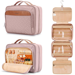 COOSKY travel hanging toiletry bag baby pink with organized pockets for trips.