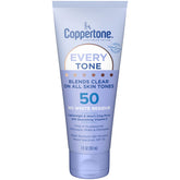 Coppertone Every Tone sunscreen bottle demonstrates clear blend for all skin tones, ideal for daily wear.