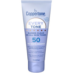 Coppertone Every Tone sunscreen bottle demonstrates clear blend for all skin tones, ideal for daily wear.