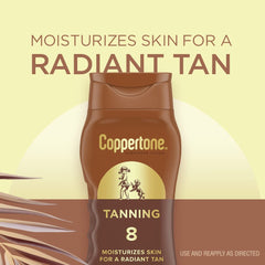 Coppertone SPF 8 lotion bottle back label highlights oxybenzone-free, dye-free formula