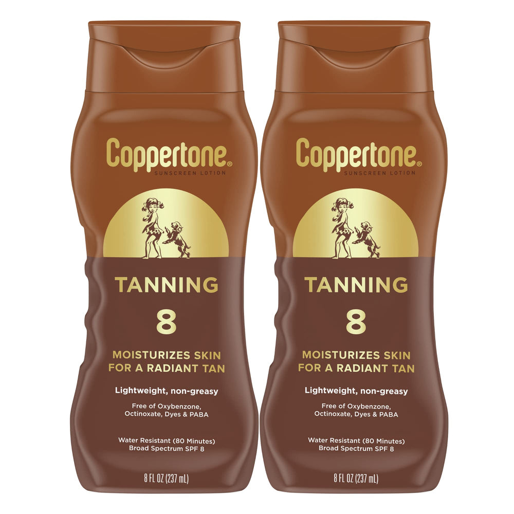 Coppertone SPF 8 tanning lotion bottle front shows lightweight moisturizer feel