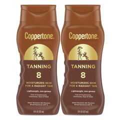 Coppertone SPF 8 tanning lotion bottle front shows lightweight moisturizer feel