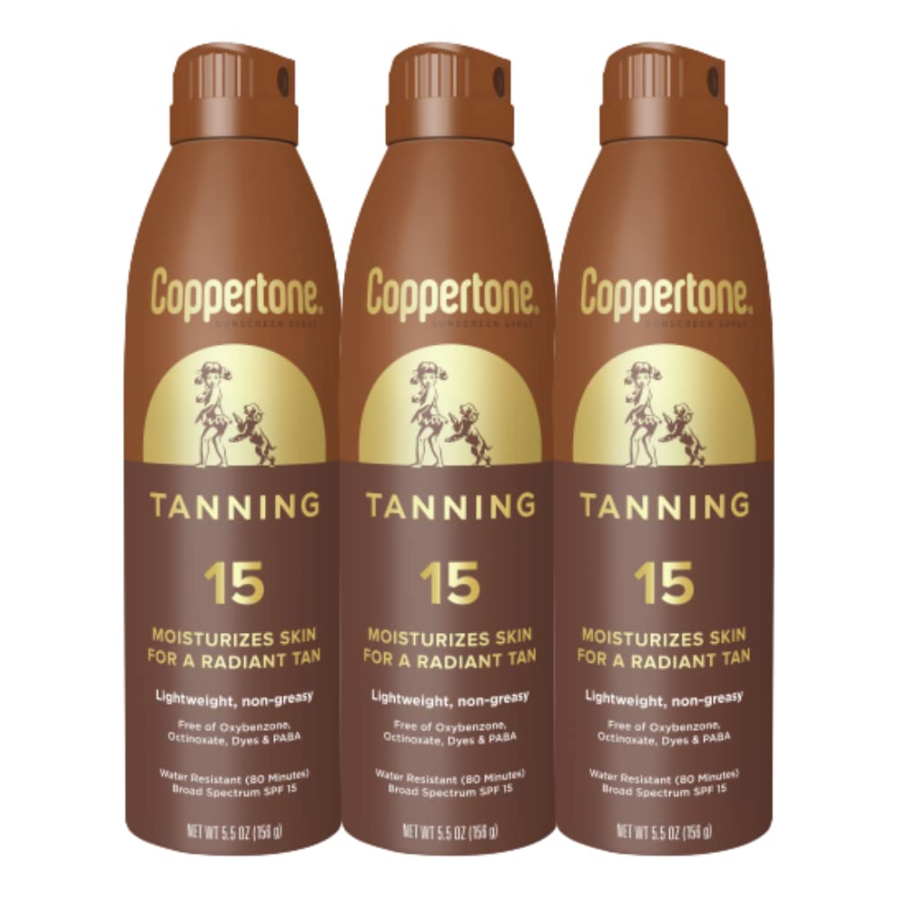 Coppertone Tanning Sunscreen Spray bottle front shows quick SPF 15 coverage for outdoor days.
