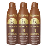 Coppertone Tanning Sunscreen Spray bottle front shows quick SPF 15 coverage for outdoor days.