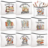 Cosblank book lovers makeup bag design with literary prints for chic storage.