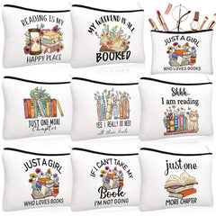 Cosblank book lovers makeup bag design with literary prints for chic storage.