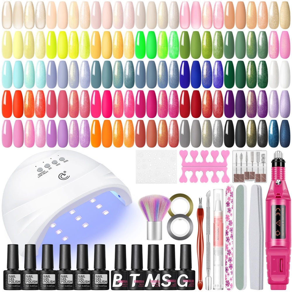 COSCELIA 53PCS gel nail kit with UV lamp displays a complete at-home setup