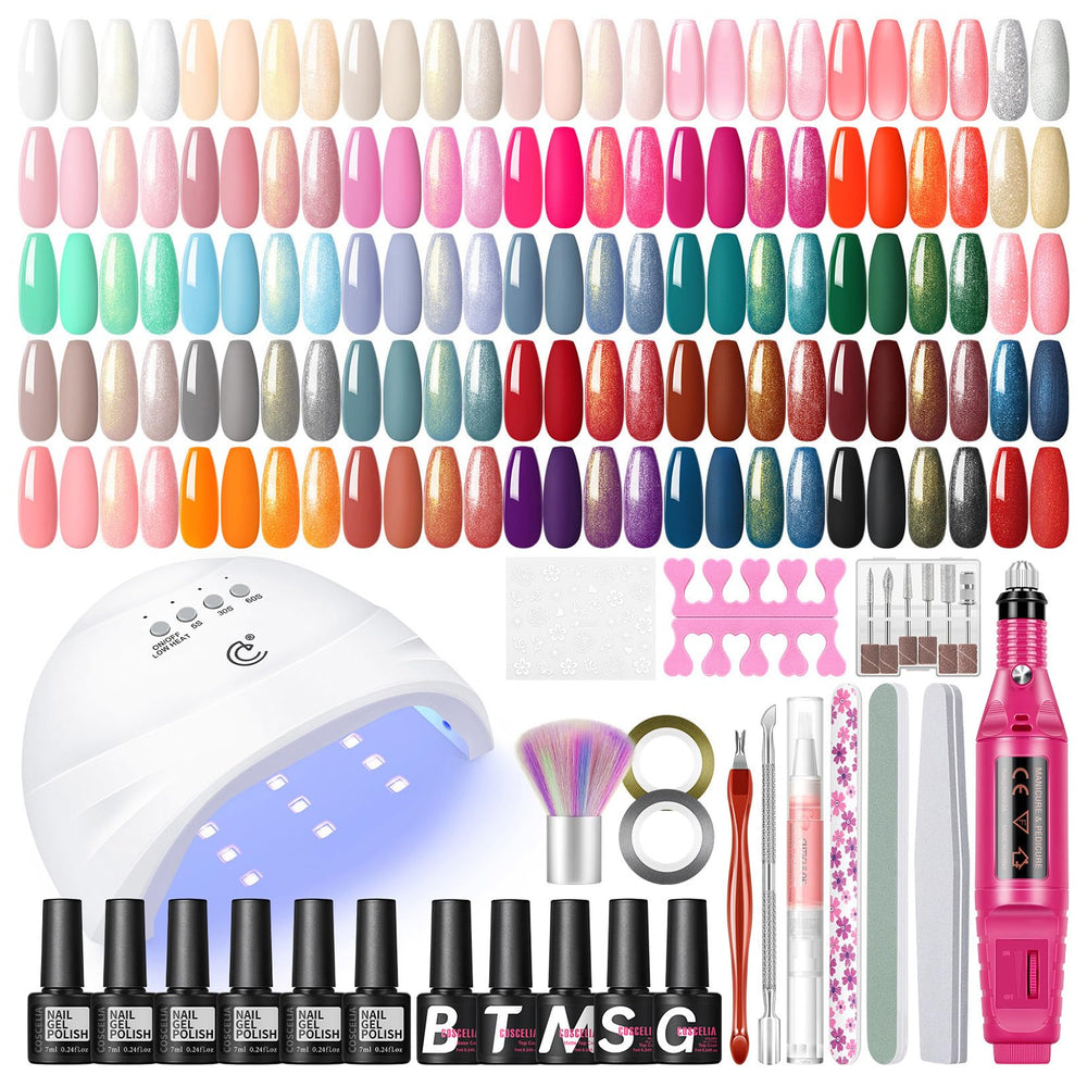 COSCELIA 53pcs gel polish kit offers diverse colors for at-home salon-quality nails.