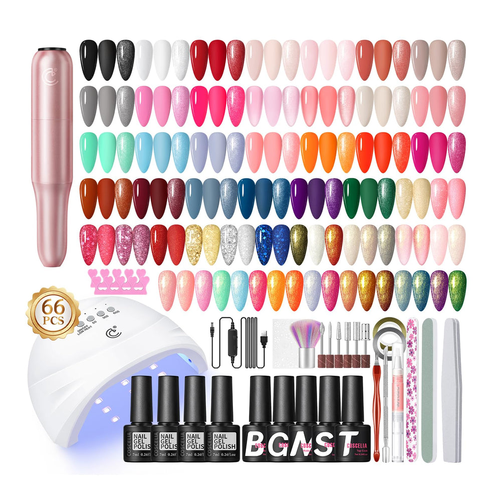 COSCELIA 66pcs gel nail kit with UV light enables at-home salon-quality manicures.