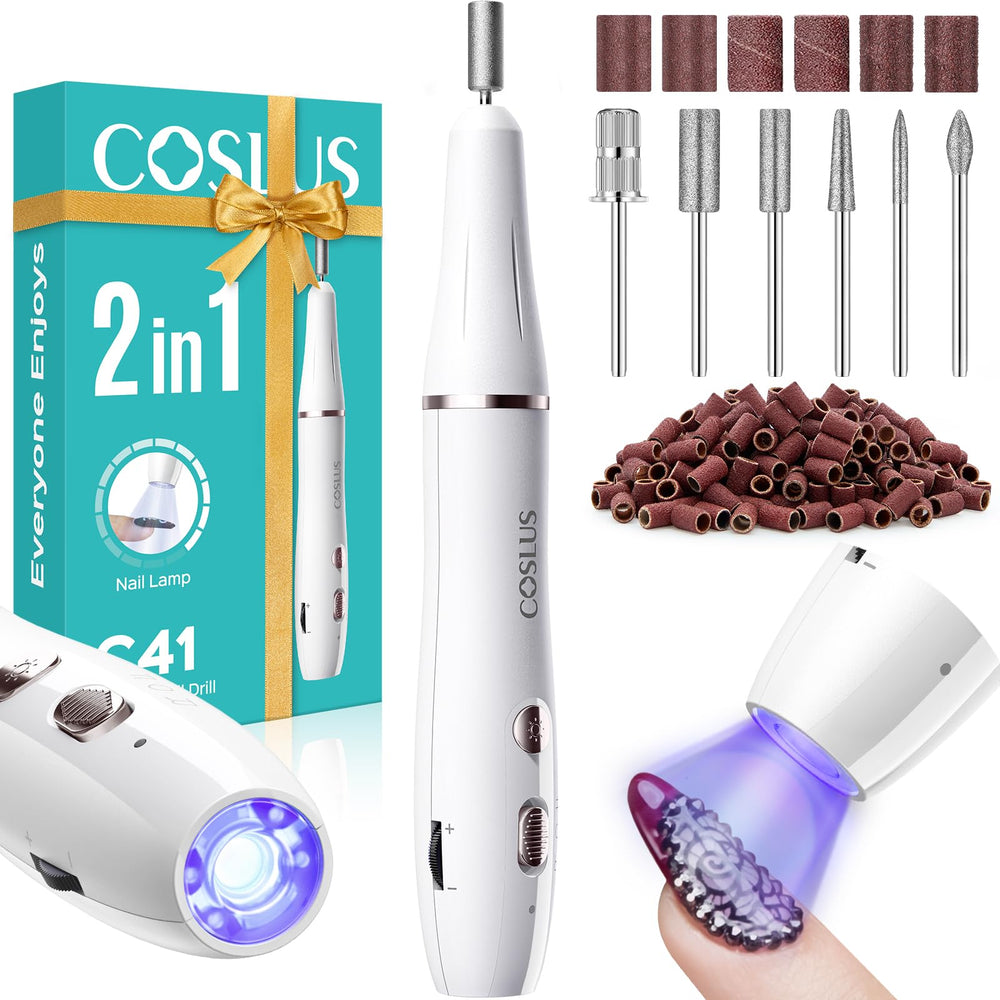 COSLUS cordless nail drill front view, compact design for space-saving home manicures.