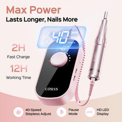 COSLUS nail drill LCD display shows speed and battery for precise sessions.