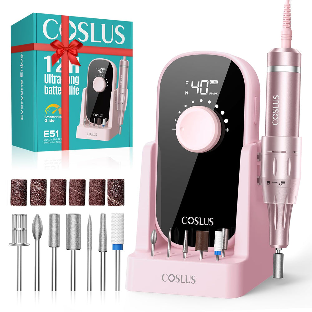 COSLUS electric nail drill with stand enhances at-home setup for steady, precise nail shaping.