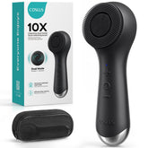 COSLUS face scrubber top view shows 2-in-1 spin and vibration for gentle cleansing.