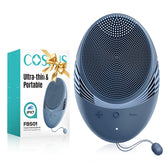 COSLUS facial cleansing brush handle closeup shows soft silicone bristles for gentle cleansing.