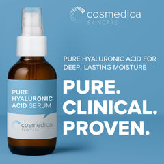 Cosmedica Skincare Hyaluronic Acid Serum drop closeup highlights pure hydrating texture for glow.