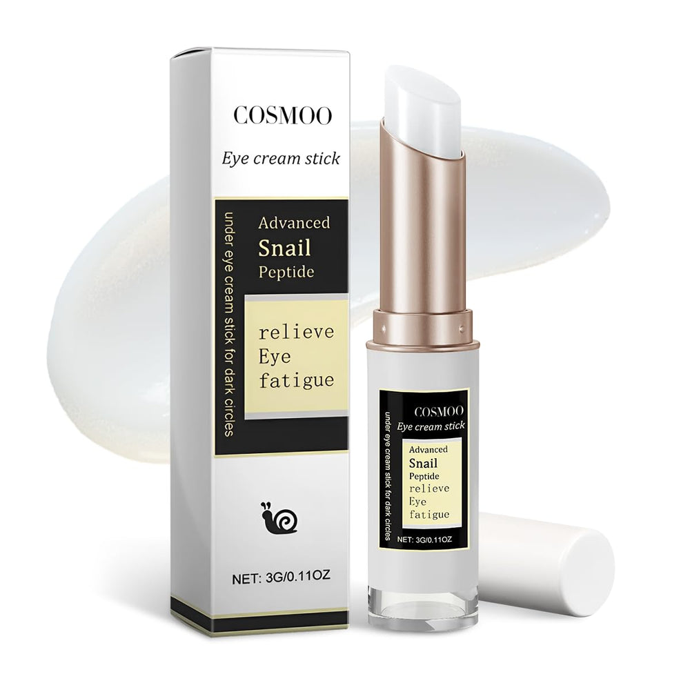 COSMOO snail-peptide eye-stick application for easy under-eye treatment and puffiness reduction.