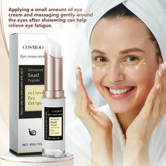 COSMOO snail-peptide texture on fingertip suggesting rich moisture and skin-softening benefits.