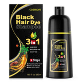 Cosmpro Black Hair Dye Shampoo packaging enables at-home gray coverage.