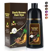 Cosmpro dark brown hair dye shampoo packaging highlights natural ingredients and 3-in-1 convenience.