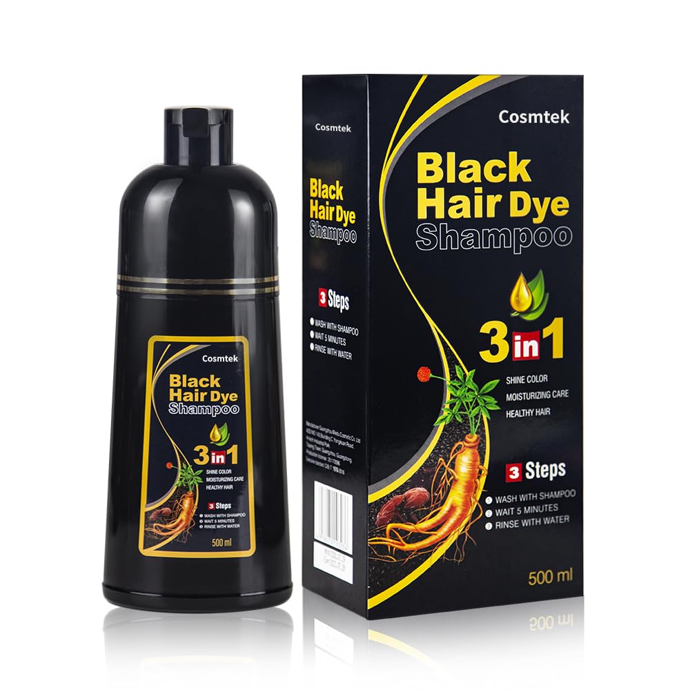COSMTEK Black Hair Dye Shampoo bottle for quick at-home gray coverage.