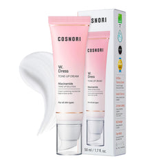 COSNORI W. Dress Tone-up Cream packaging shown highlighting vegan, cruelty-free skincare benefits