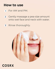 COSRX AC Collection Calming Foam Cleanser packaging emphasizes hypoallergenic and cruelty-free formulation