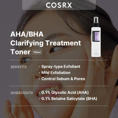 COSRX AHA/BHA Toner spray-application demonstrates quick, hydrating exfoliation for daily use.
