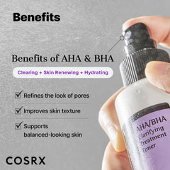 COSRX AHA/BHA Treatment Toner apple-water bottle highlights gentle daily exfoliation.