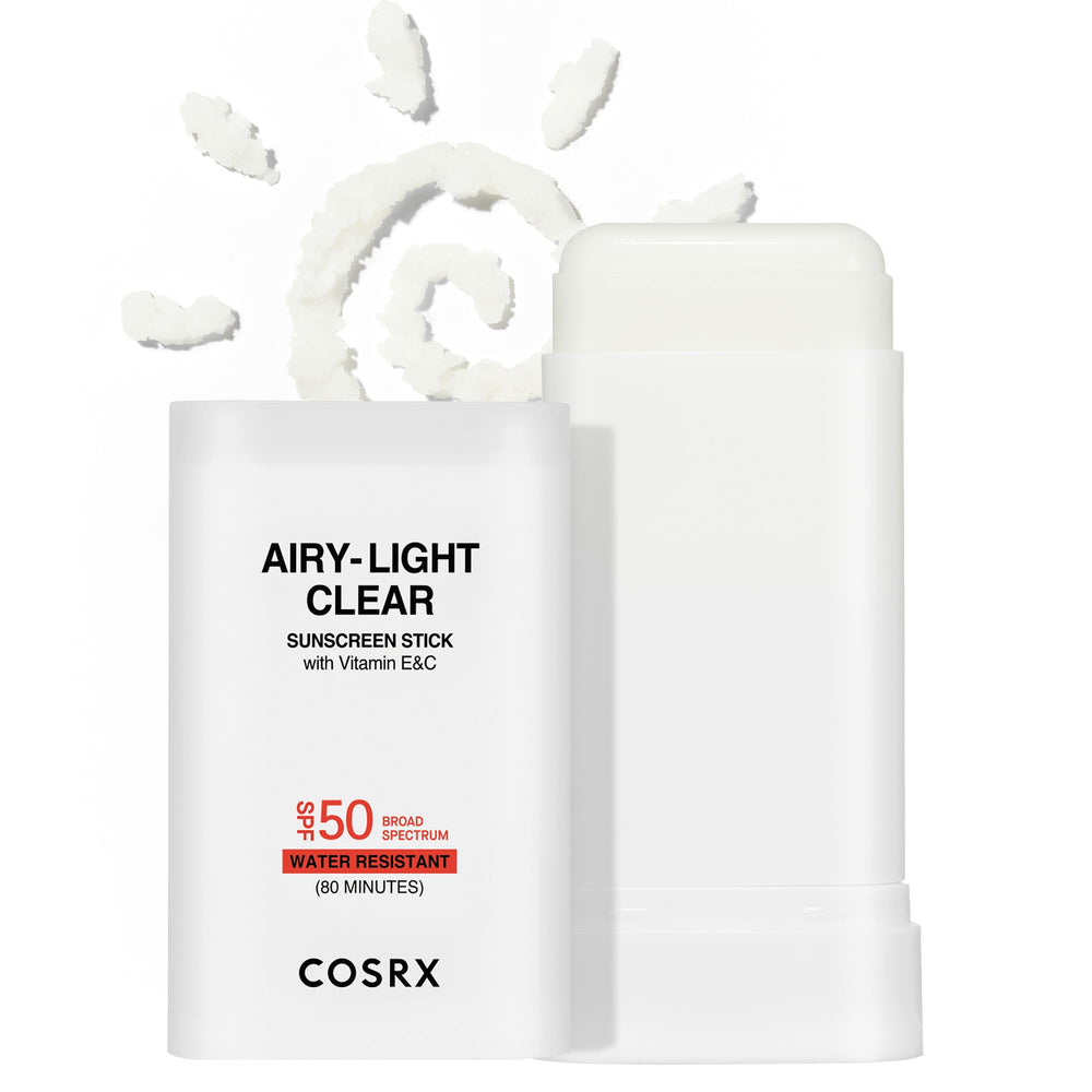 COSRX Airy-Light Clear Sunscreen Stick packaging for portable sun protection.