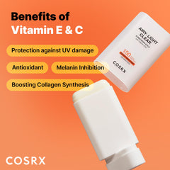 COSRX Airy-Light Clear Sunscreen Stick tube highlights compact travel size.