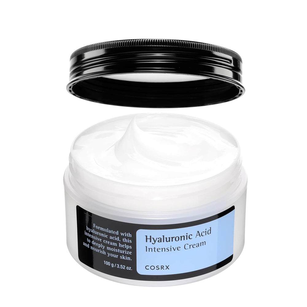 COSRX Hyaluronic Acid Intensive Cream tub closeup shows deep hydration for sensitive skin