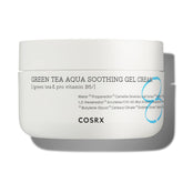 COSRX Hydrium Green Tea Aqua Gel Cream jar closeup showing soothing, lightweight hydration.