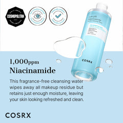 COSRX Low pH Niacinamide Micellar Cleansing Water bottle pour shows makeup removal and sebum control.