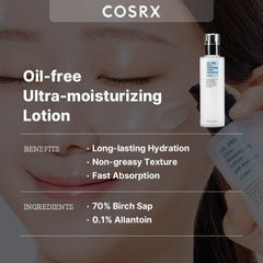 COSRX Oil Free Lotion birch sap texture closeup—non-greasy feel that absorbs quickly.