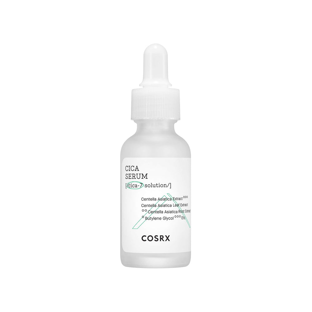 COSRX Pure Fit Cica Serum bottle close-up highlighting soothing skin support