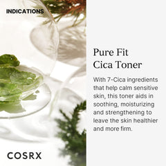 COSRX Pure Fit CICA Toner label closeup highlights calming formulation for irritated skin.