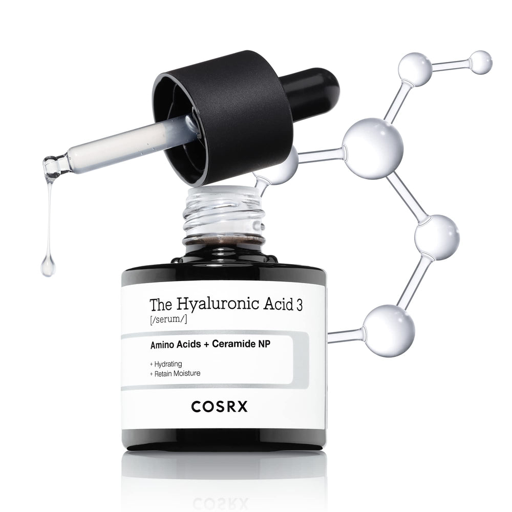 COSRX Pure Sodium Hyaluronic Acid 3% Serum bottle demonstrates deep hydration for dry skin